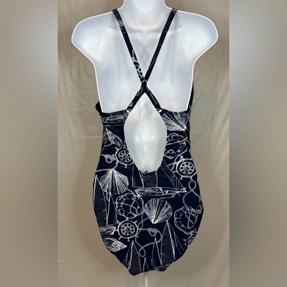 Nautica One Piece Swimsuit XL Navy Nautical Sailboat Print Crisscross Back NWOT - Picture 2 of 6